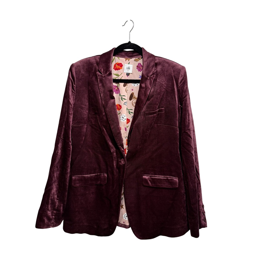 Cabi Womens M Plum Velvet Blazer Jacket Love Tiger Print Lining Burgundy 4491